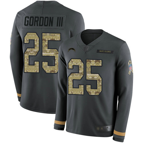 Chargers #25 Melvin Gordon III Anthracite Salute to Service Youth Stitched Football Limited Therma Long Sleeve Jersey