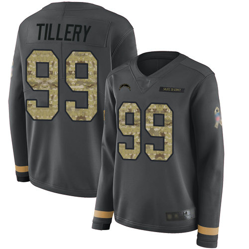 Chargers #99 Jerry Tillery Anthracite Salute to Service Women's Stitched Football Limited Therma Long Sleeve Jersey