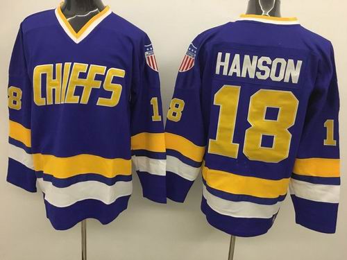 Charlestown Chiefs #18 Jeff Hanson Movie Hockey Blue Jersey