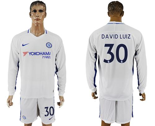 Chelsea #30 David Luiz Away Long Sleeves Soccer Club Jersey