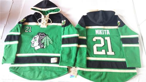 Chicago Blackhawks 21 Stan Mikita Green St. Patrick-s Day McNary Lace Hoodie Stitched NHL Jersey