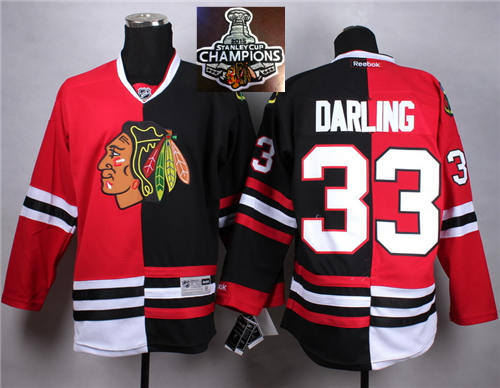 Chicago Blackhawks 33 Darling Red Black Split 2015 Stanley Cup Champions Jersey