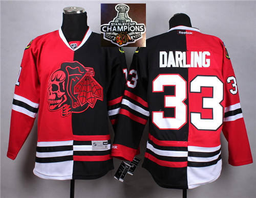 Chicago Blackhawks 33 Darling Red Black Split Red Shull 2015 Stanley Cup Champions Jersey