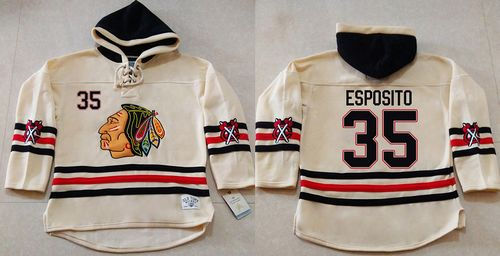 Chicago Blackhawks 35 Tony Esposito Cream Heavyweight Pullover Hoodie NHL Jersey