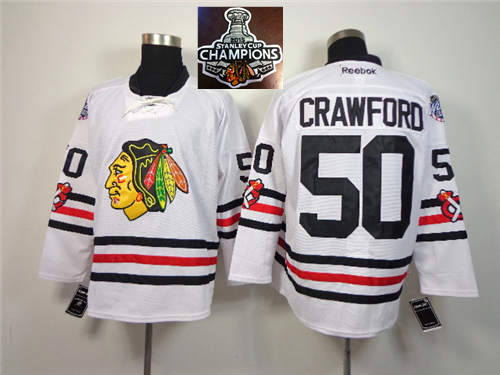 Chicago Blackhawks 50 Corey Crawford 2015 Winter Classic White 2015 Stanley Cup Champions NHL Jersey