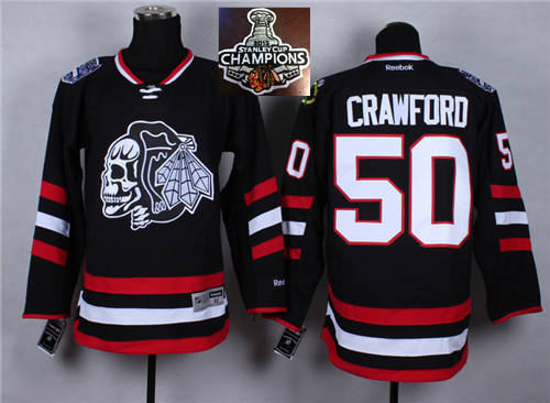 Chicago Blackhawks 50 Corey Crawford Black(White Skull) 2014 Stadium Series 2015 Stanley Cup Champions NHL Jersey