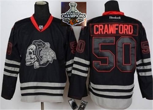 Chicago Blackhawks 50 Corey Crawford Black Ice Skull logo 2015 Stanley Cup Champions NHL Jersey