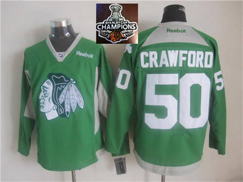 Chicago Blackhawks 50 Corey Crawford Green Practice 2015 Stanley Cup Champions NHL Jersey