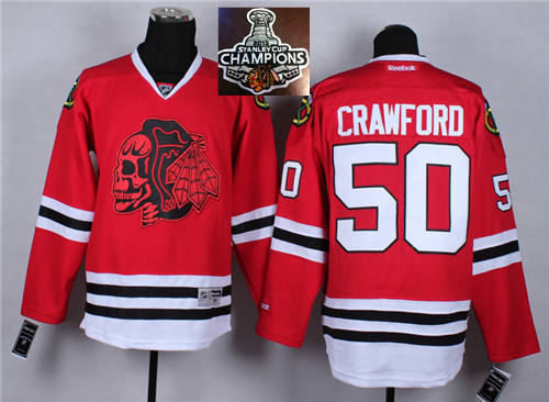 Chicago Blackhawks 50 Corey Crawford Red(Red Skull) 2014 Stadium Series 2015 Stanley Cup Champions NHL Jersey