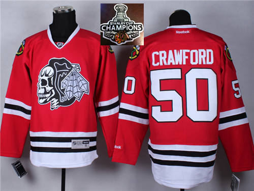 Chicago Blackhawks 50 Corey Crawford Red(White Skull) 2014 Stadium Series 2015 Stanley Cup Champions NHL Jersey