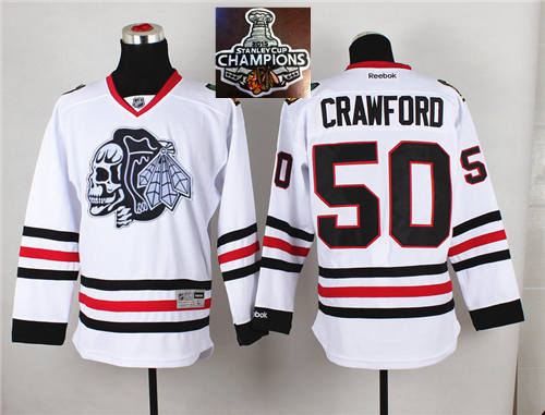 Chicago Blackhawks 50 Corey Crawford White(White Skull) 2014 Stadium Series 2015 Stanley Cup Champions NHL Jersey