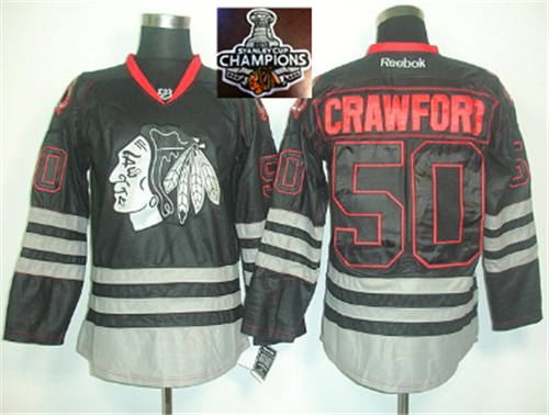 Chicago Blackhawks 50 Crawford Black Ice 2015 Stanley Cup Champions NHL Jersey