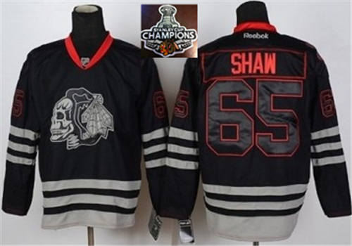 Chicago Blackhawks 65 Andrew Shaw Black Ice Jersey Skull Logo Fashion 2015 Stanley Cup Champions NHL Jersey