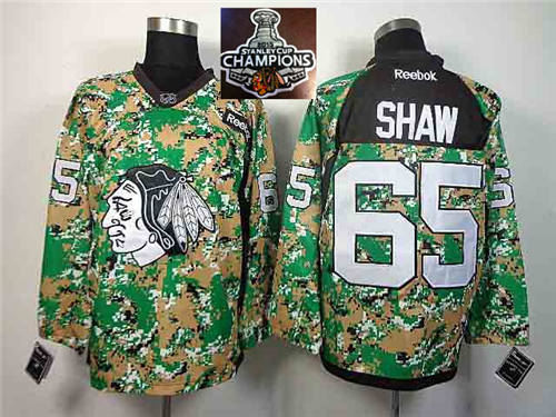 Chicago Blackhawks 65 Andrew Shaw Camo Veterans Day Practice 2015 Stanley Cup Champions NHL Jersey