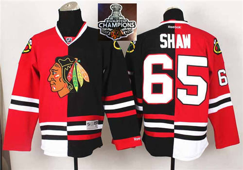 Chicago Blackhawks 65 Andrew Shaw Red Black Split 2015 Stanley Cup Champions Jersey