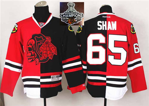 Chicago Blackhawks 65 Andrew Shaw Red Black Split Skull Logo Fashion 2015 Stanley Cup Champions Jersey