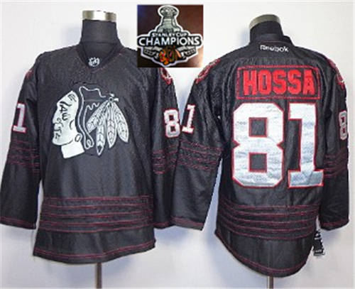 Chicago Blackhawks 81 Marian Hossa Black Ice Silver Number 2015 Stanley Cup Champions NHL Jersey