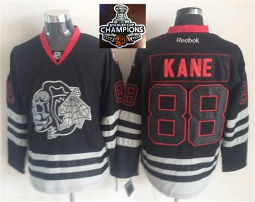 Chicago Blackhawks 88 Patrick Kane Black Ice Jersey Skull Logo Fashion 2015 Stanley Cup Champions NHL Jersey