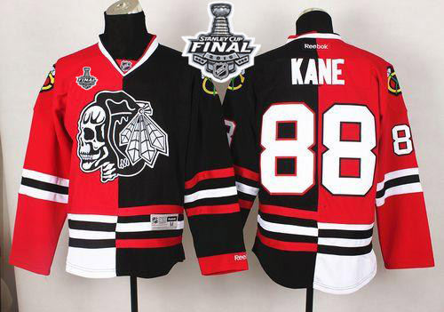 Chicago Blackhawks 88 Patrick Kane Red-Black Split White Skull 2015 Stanley Cup NHL jersey