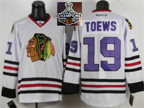 Chicago Blackhawks Jerseys 19 Jonathan Toews White purple number 2015 Stanley Cup Champions NHL Jersey