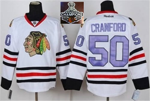 Chicago Blackhawks Jerseys 50 Corey Crawford White purple number 2015 Stanley Cup Champions NHL Jersey