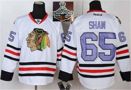Chicago Blackhawks Jerseys 65 Andrew Shaw White purple number 2015 Stanley Cup Champions NHL Jersey