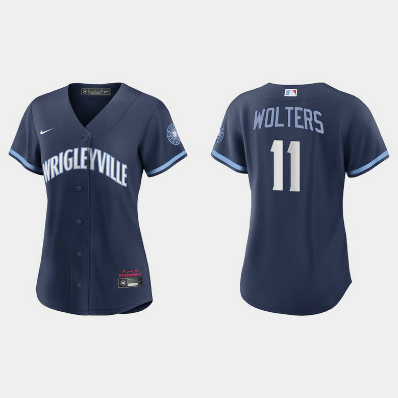 Chicago Cubs #11 Tony Wolters Women's Nike 2021 City Connect Navy MLB Jersey