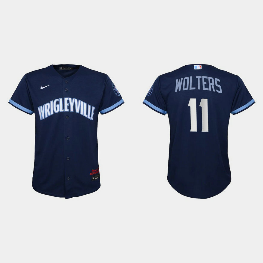 Chicago Cubs #11 Tony Wolters Youth Nike 2021 City Connect Navy MLB Jersey