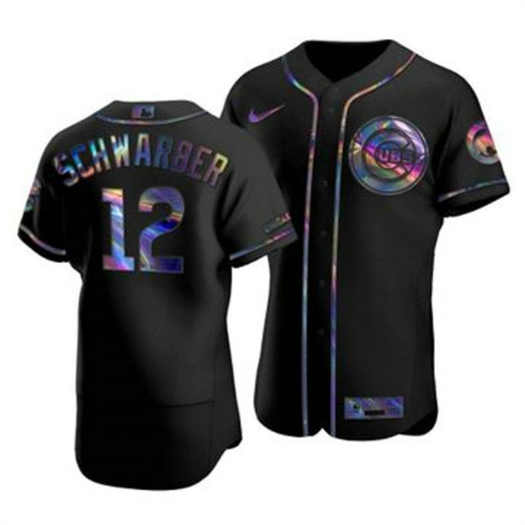 Chicago Cubs #12 Kyle Schwarber Men's Nike Iridescent Holographic Collection MLB Jersey - Black