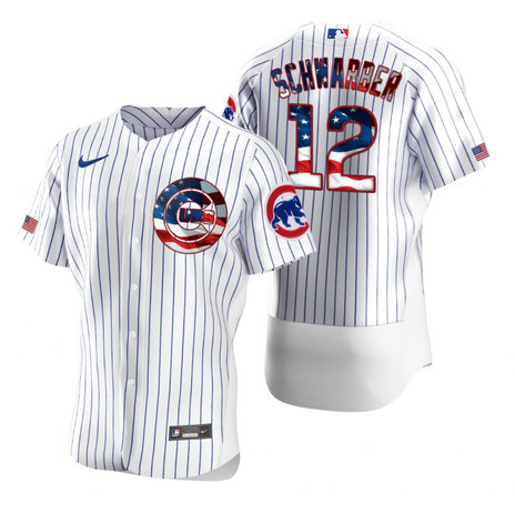 Chicago Cubs #12 Kyle Schwarber Men's Nike White Fluttering USA Flag Limited Edition Authentic MLB Jersey