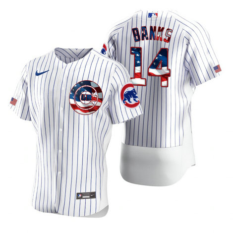 Chicago Cubs #14 Ernie Banks Men's Nike White Fluttering USA Flag Limited Edition Authentic MLB Jersey