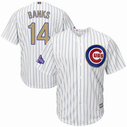 Chicago Cubs #14 Ernie Banks White 2017 Gold Program 2016 World Series Champions Jersey