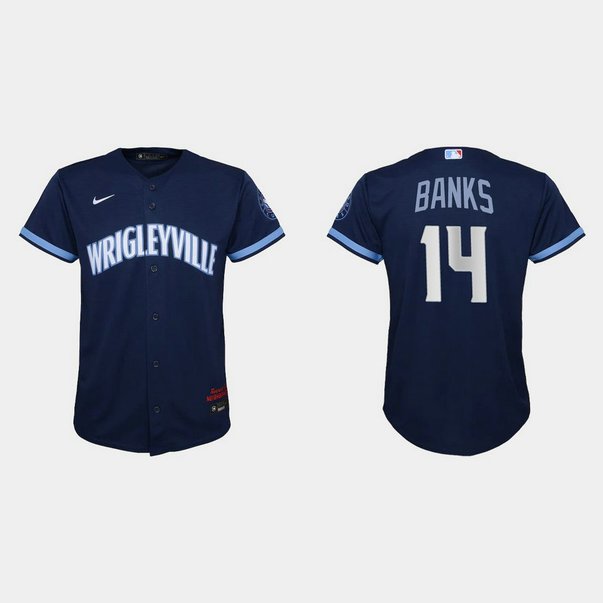 Chicago Cubs #14 Ernie Banks Youth Nike 2021 City Connect Navy MLB Jersey