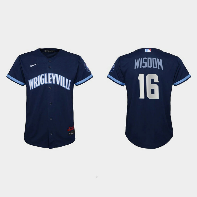 Chicago Cubs #16 Patrick Wisdom Youth Nike 2021 City Connect Navy MLB Jersey