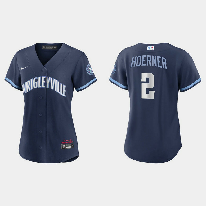 Chicago Cubs #2 Nico Hoerner Women's Nike 2021 City Connect Navy MLB Jersey