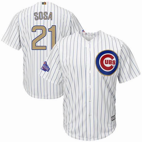 Chicago Cubs #21 Sammy Sosa White 2017 Gold Program 2016 World Series Champions Jersey