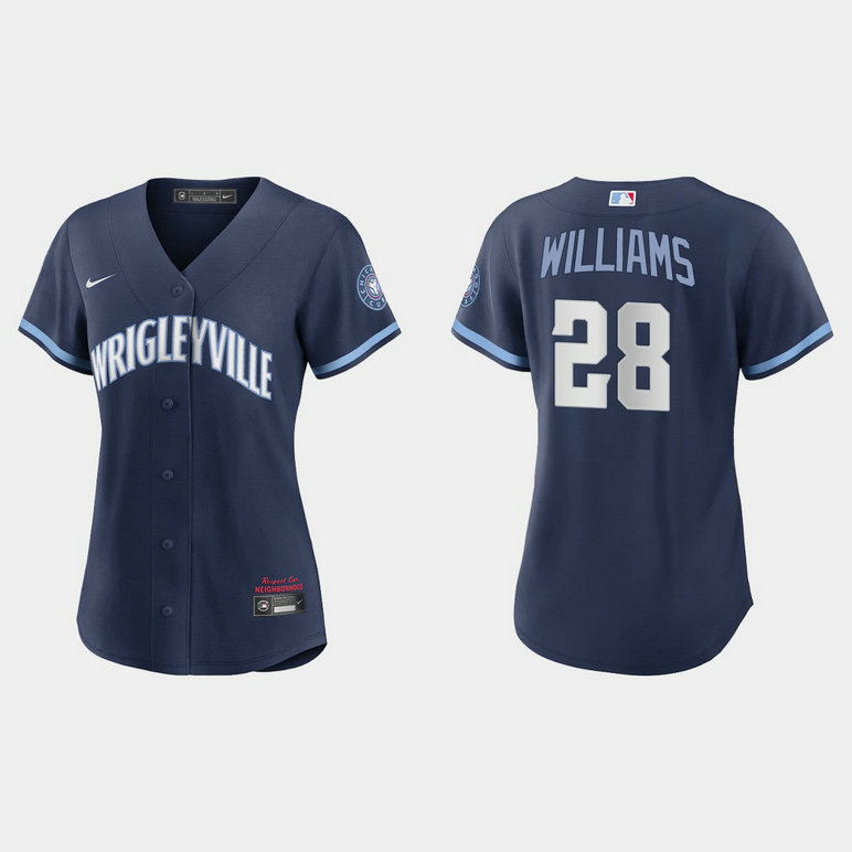 Chicago Cubs #28 Mitch Williams Women's Nike 2021 City Connect Navy MLB Jersey