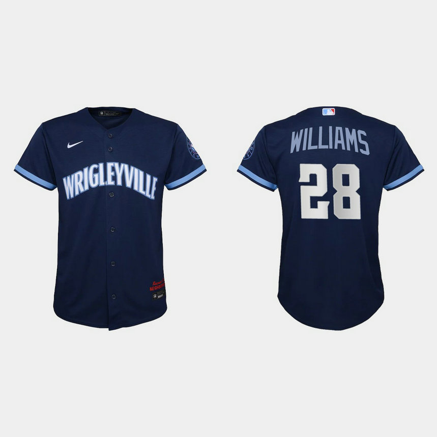 Chicago Cubs #28 Mitch Williams Youth Nike 2021 City Connect Navy MLB Jersey