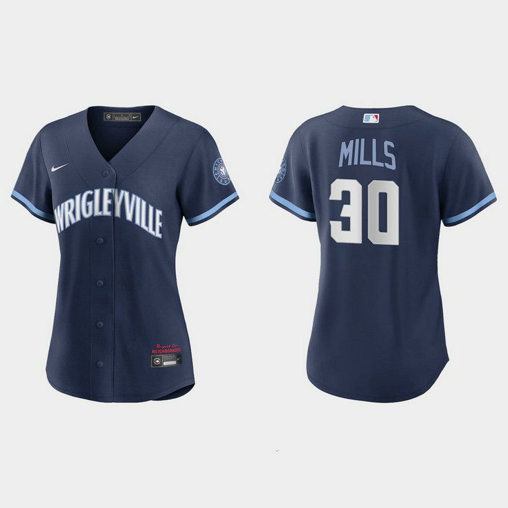 Chicago Cubs #30 Alec Mills Women's Nike 2021 City Connect Navy MLB Jersey
