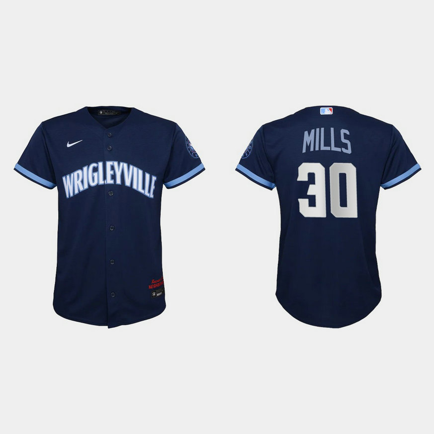 Chicago Cubs #30 Alec Mills Youth Nike 2021 City Connect Navy MLB Jersey