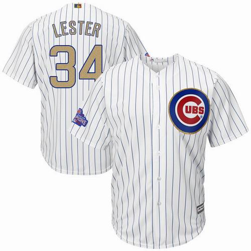 Chicago Cubs #34 Jon Lester white 2017 Gold Program 2016 World Series Champions Jersey