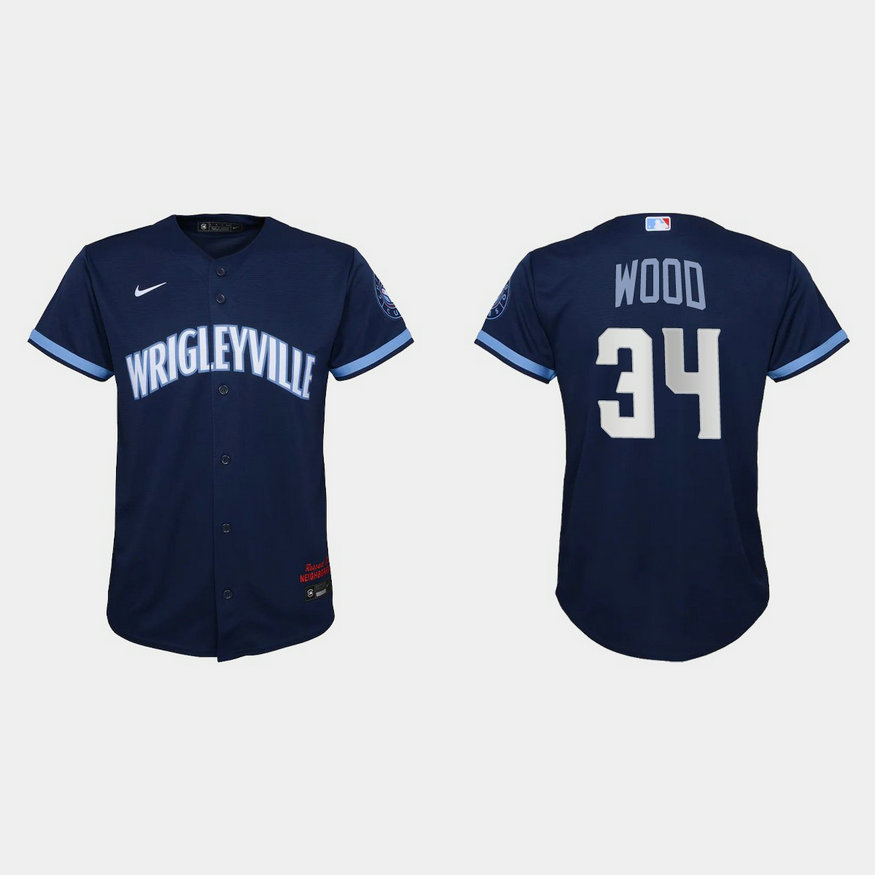 Chicago Cubs #34 Kerry Wood Youth Nike 2021 City Connect Navy MLB Jersey
