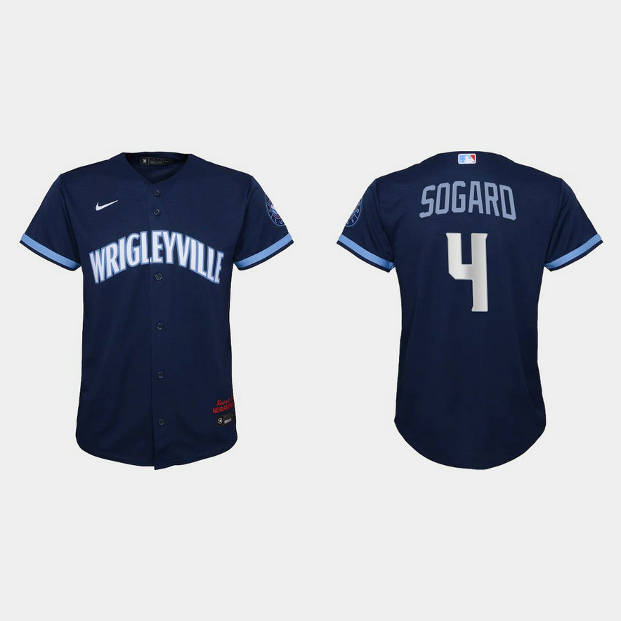 Chicago Cubs #4 Eric Sogard Youth Nike 2021 City Connect Navy MLB Jerse