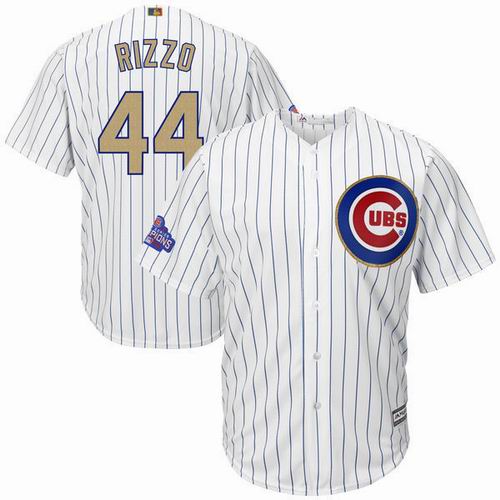 Chicago Cubs #44 Anthony Rizzo White 2017 Gold Program 2016 World Series Champions Jersey