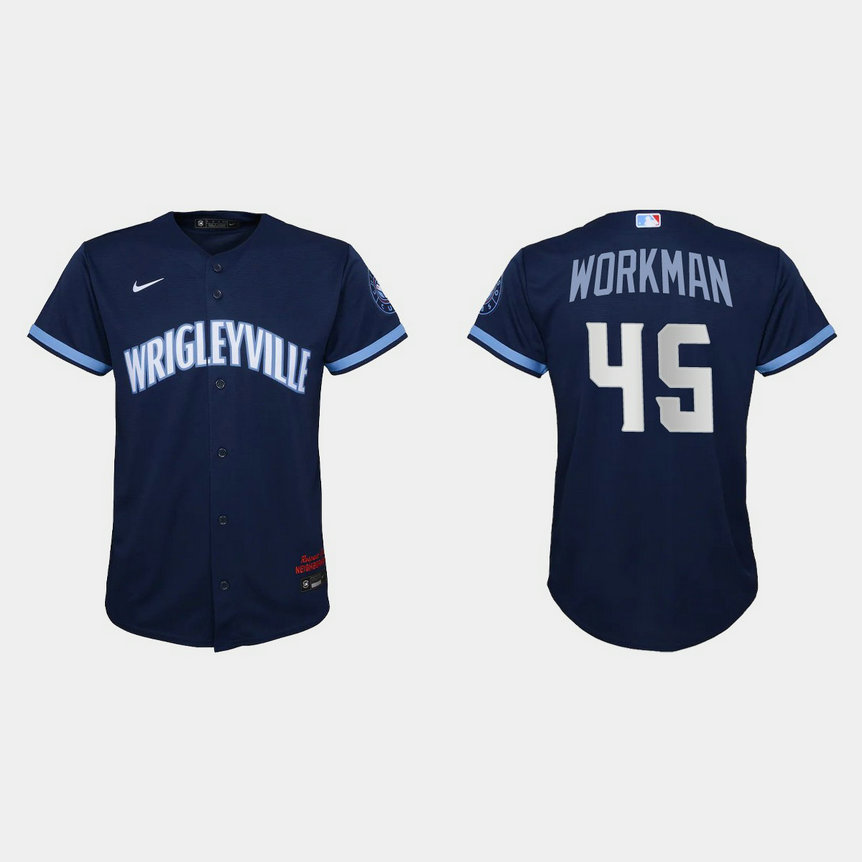 Chicago Cubs #45 Brandon Workman Youth Nike 2021 City Connect Navy MLB Jersey