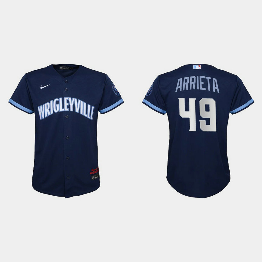 Chicago Cubs #49 Jake Arrieta Youth Nike 2021 City Connect Navy MLB Jersey