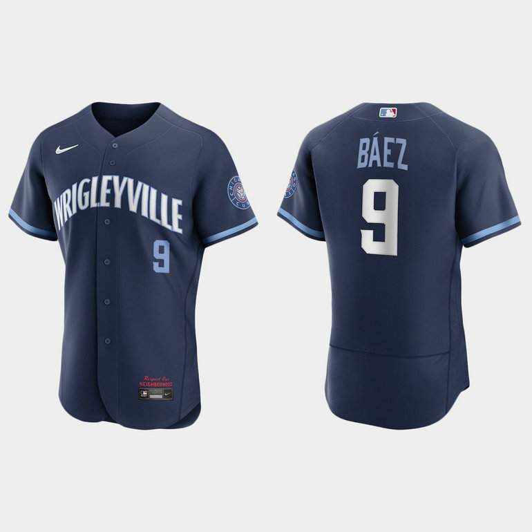 Chicago Cubs #9 Javier Baez Men's Nike 2021 City Connect Authentic Navy MLB Jersey
