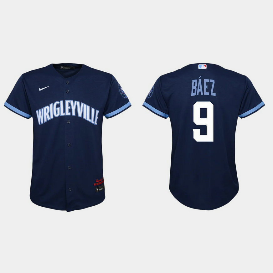 Chicago Cubs #9 Javier Baez Youth Nike 2021 City Connect Navy MLB Jersey