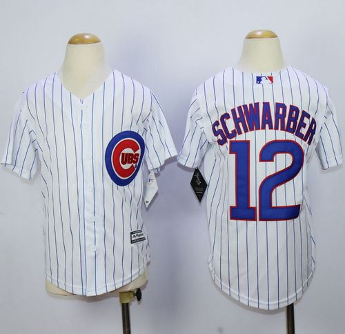 Chicago Cubs 12 Kyle Schwarber White Blue Strip Kids Cool Base Baseball Jersey