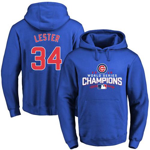 Chicago Cubs 34 Jon Lester Blue 2016 World Series Champions Pullover MLB Hoodie